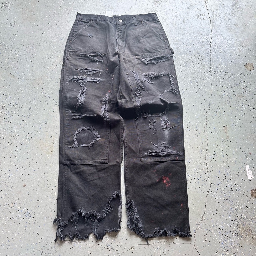 Carhartt Vintage Distressed Faded Black Double Knee Work Pants 36x34 RARE